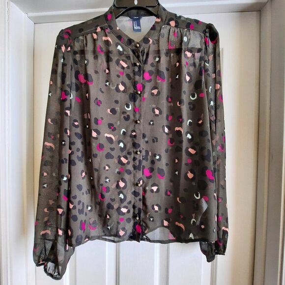 Forever 21/I Love H81 Sheer Lopard Print Blouse  Olive Green Multi Color… - Picture 2 of 6